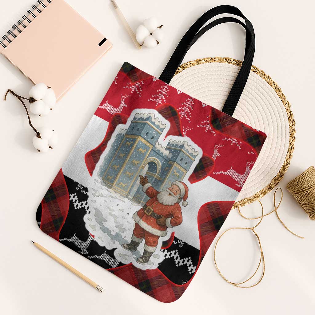 Iraq Christmas Tote Bag with Santa Ishtar Gate Red Plaid and Snowflake Reindeer Pattern - Wonder Print Shop