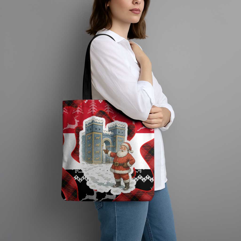 Iraq Christmas Tote Bag with Santa Ishtar Gate Red Plaid and Snowflake Reindeer Pattern - Wonder Print Shop