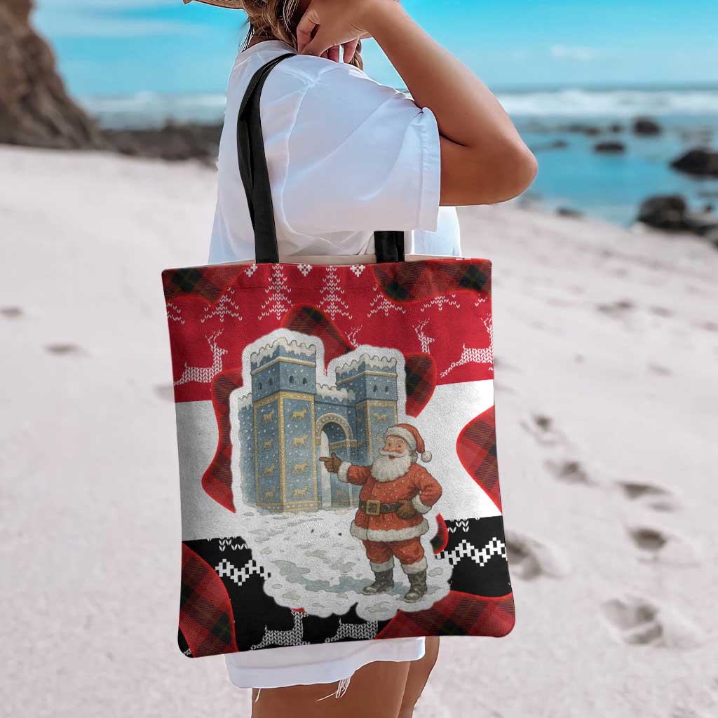 Iraq Christmas Tote Bag with Santa Ishtar Gate Red Plaid and Snowflake Reindeer Pattern - Wonder Print Shop