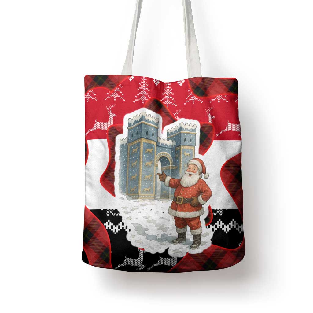 Iraq Christmas Tote Bag with Santa Ishtar Gate Red Plaid and Snowflake Reindeer Pattern - Wonder Print Shop