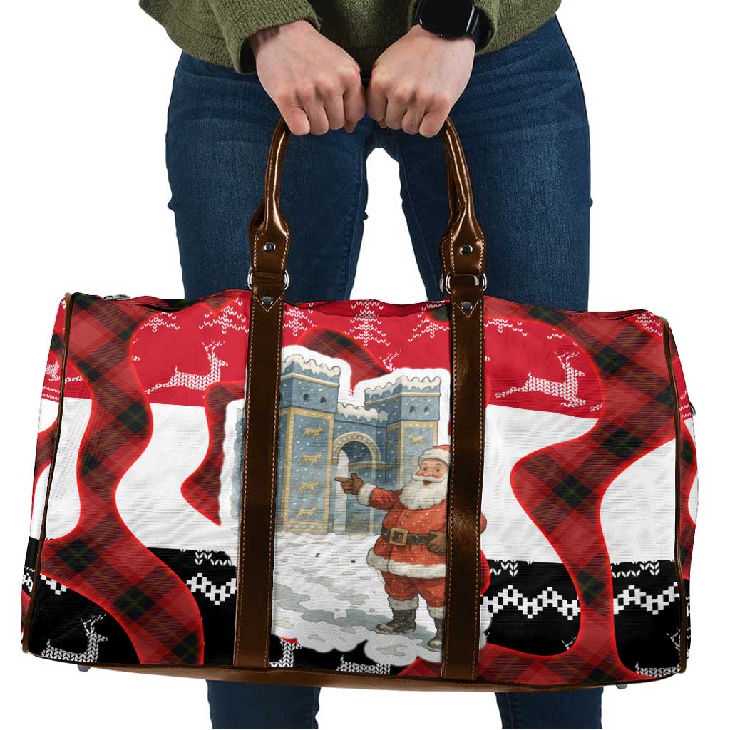 Iraq Christmas Travel Bag with Santa Ishtar Gate Red Plaid and Snowflake Reindeer Pattern - Wonder Print Shop