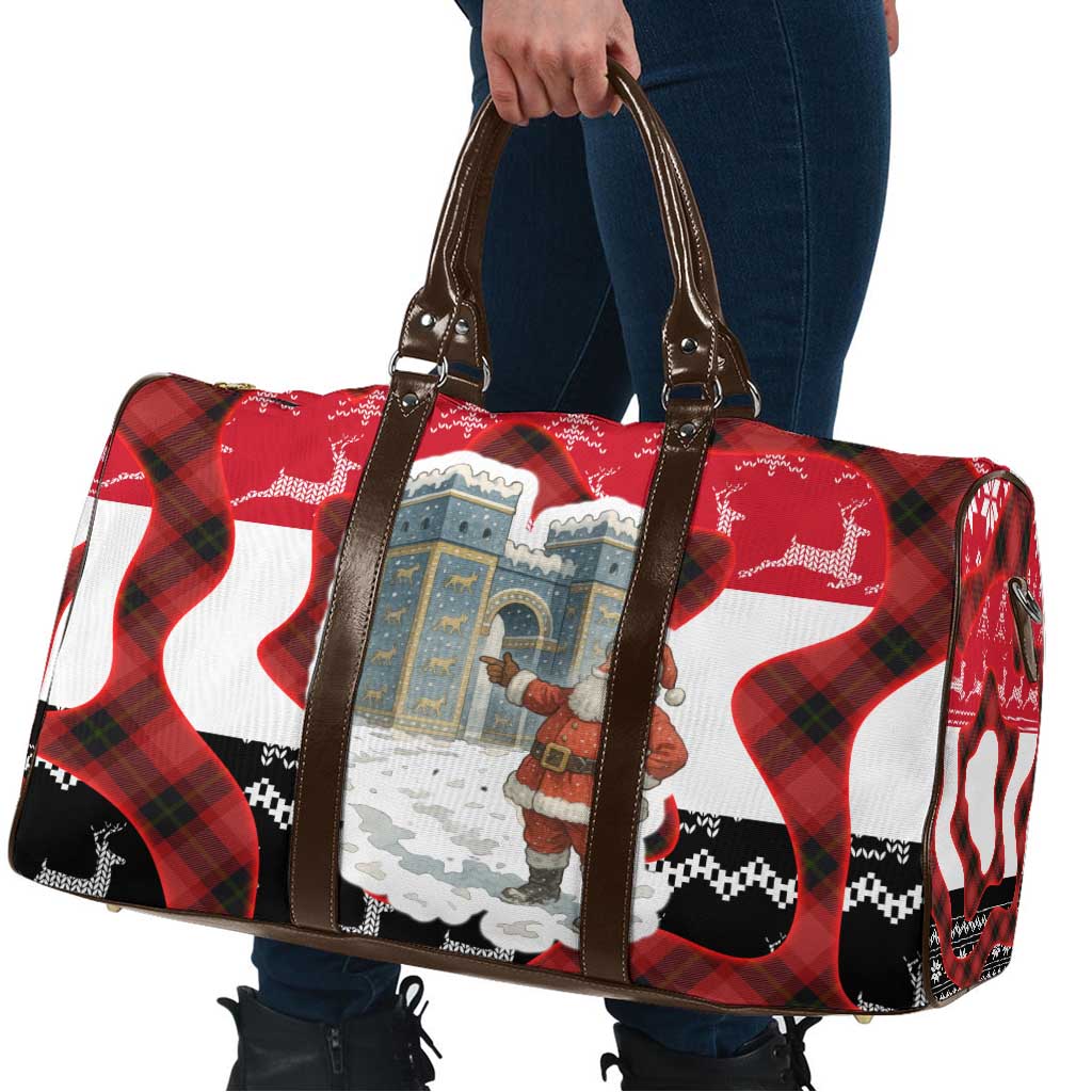 Iraq Christmas Travel Bag with Santa Ishtar Gate Red Plaid and Snowflake Reindeer Pattern - Wonder Print Shop