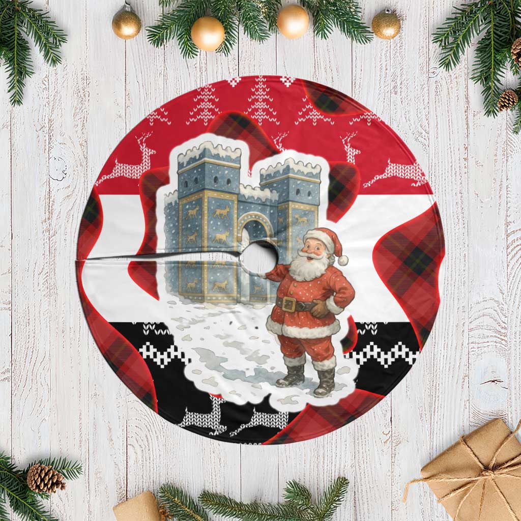 Iraq Christmas Tree Skirt with Santa Ishtar Gate Red Plaid and Snowflake Reindeer Pattern - Wonder Print Shop