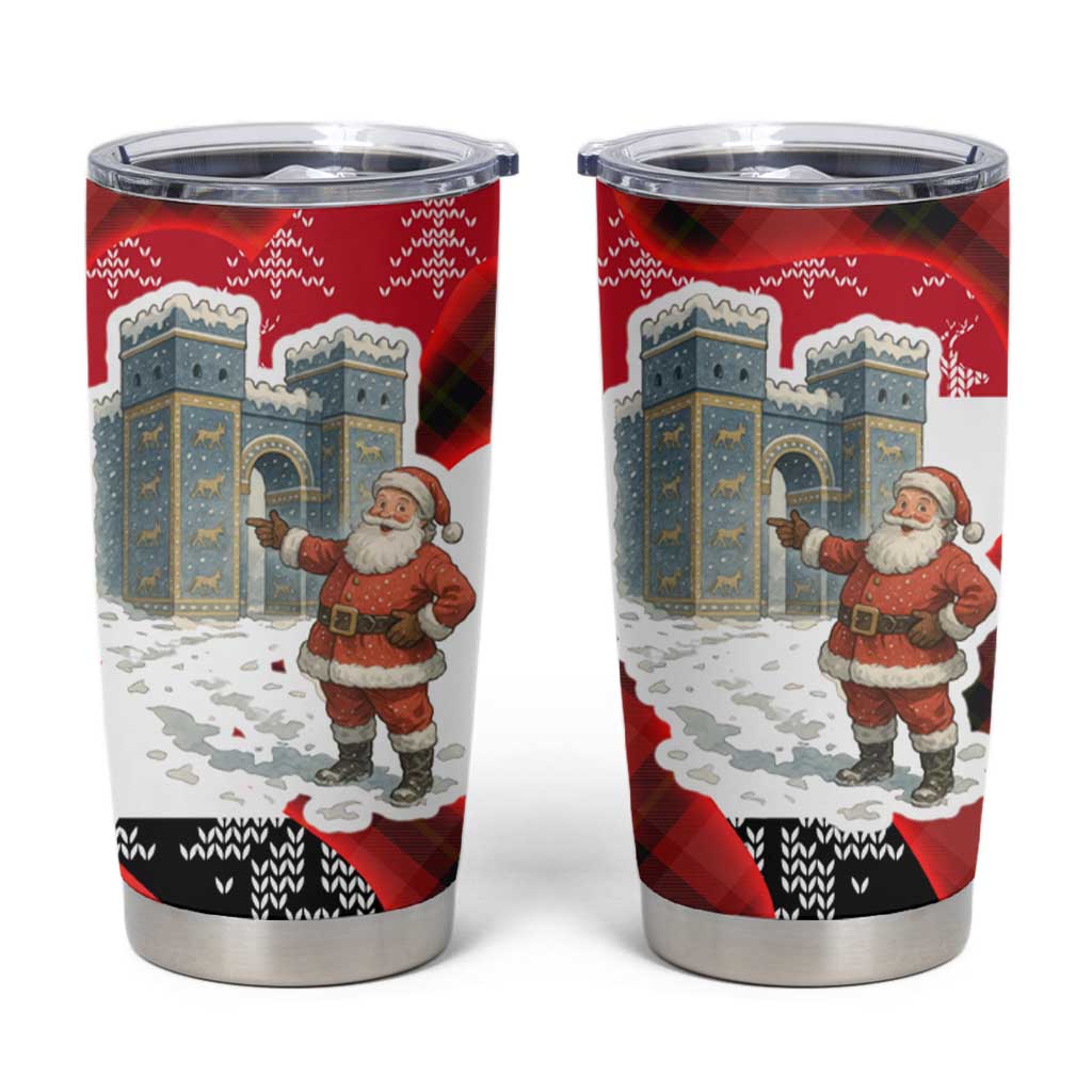 Iraq Christmas Tumbler Cup with Santa Ishtar Gate Red Plaid and Snowflake Reindeer Pattern - Wonder Print Shop