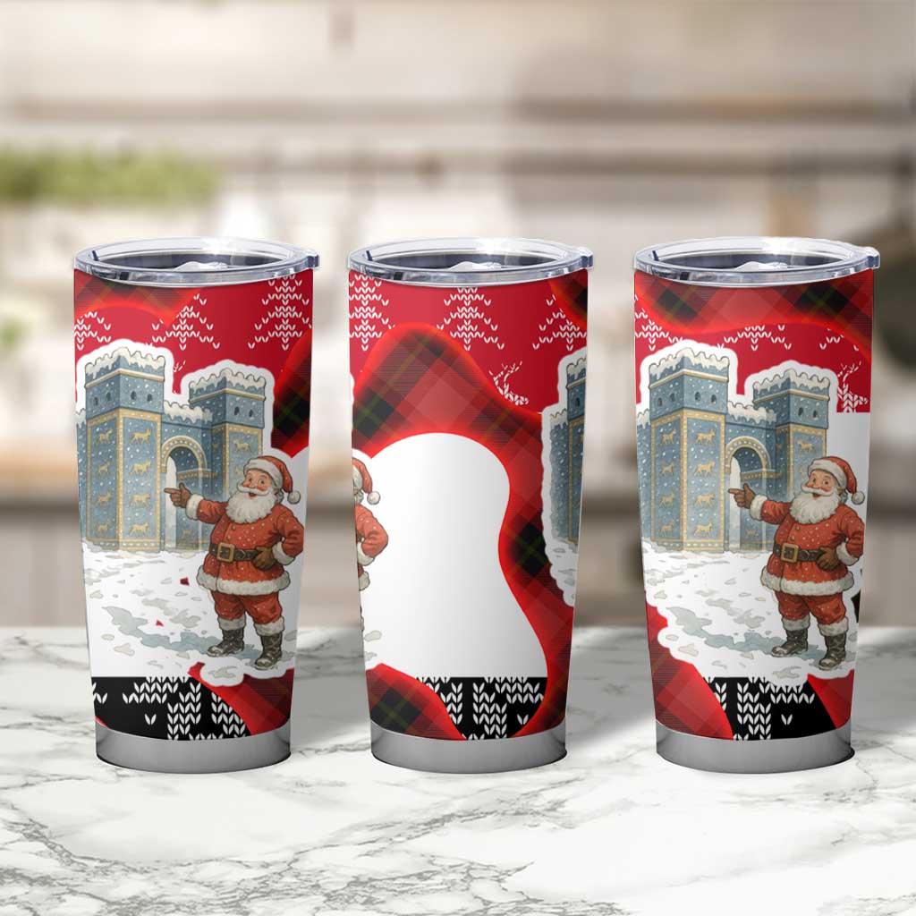 Iraq Christmas Tumbler Cup with Santa Ishtar Gate Red Plaid and Snowflake Reindeer Pattern - Wonder Print Shop