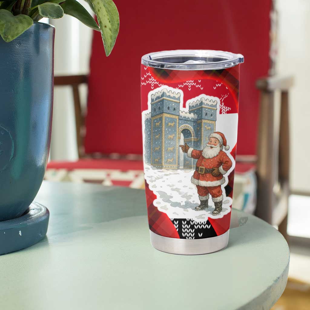 Iraq Christmas Tumbler Cup with Santa Ishtar Gate Red Plaid and Snowflake Reindeer Pattern - Wonder Print Shop
