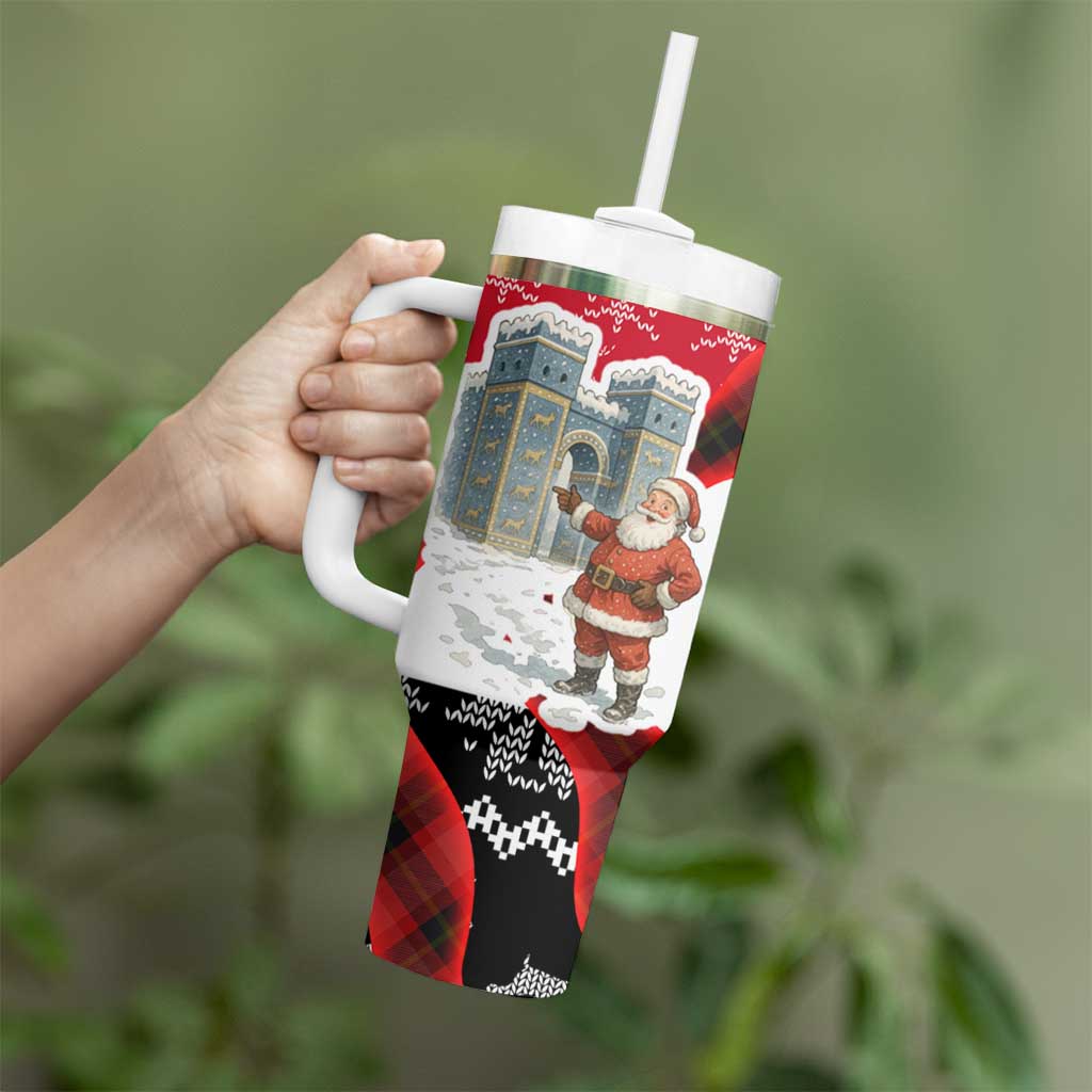 Iraq Christmas Tumbler With Handle with Santa Ishtar Gate Red Plaid and Snowflake Reindeer Pattern - Wonder Print Shop
