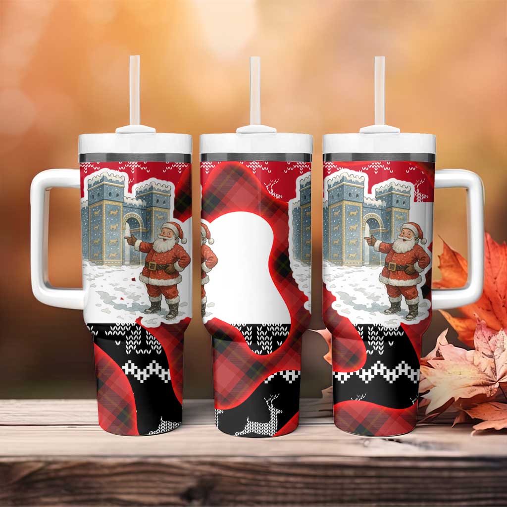 Iraq Christmas Tumbler With Handle with Santa Ishtar Gate Red Plaid and Snowflake Reindeer Pattern - Wonder Print Shop