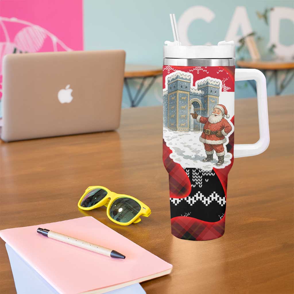 Iraq Christmas Tumbler With Handle with Santa Ishtar Gate Red Plaid and Snowflake Reindeer Pattern - Wonder Print Shop