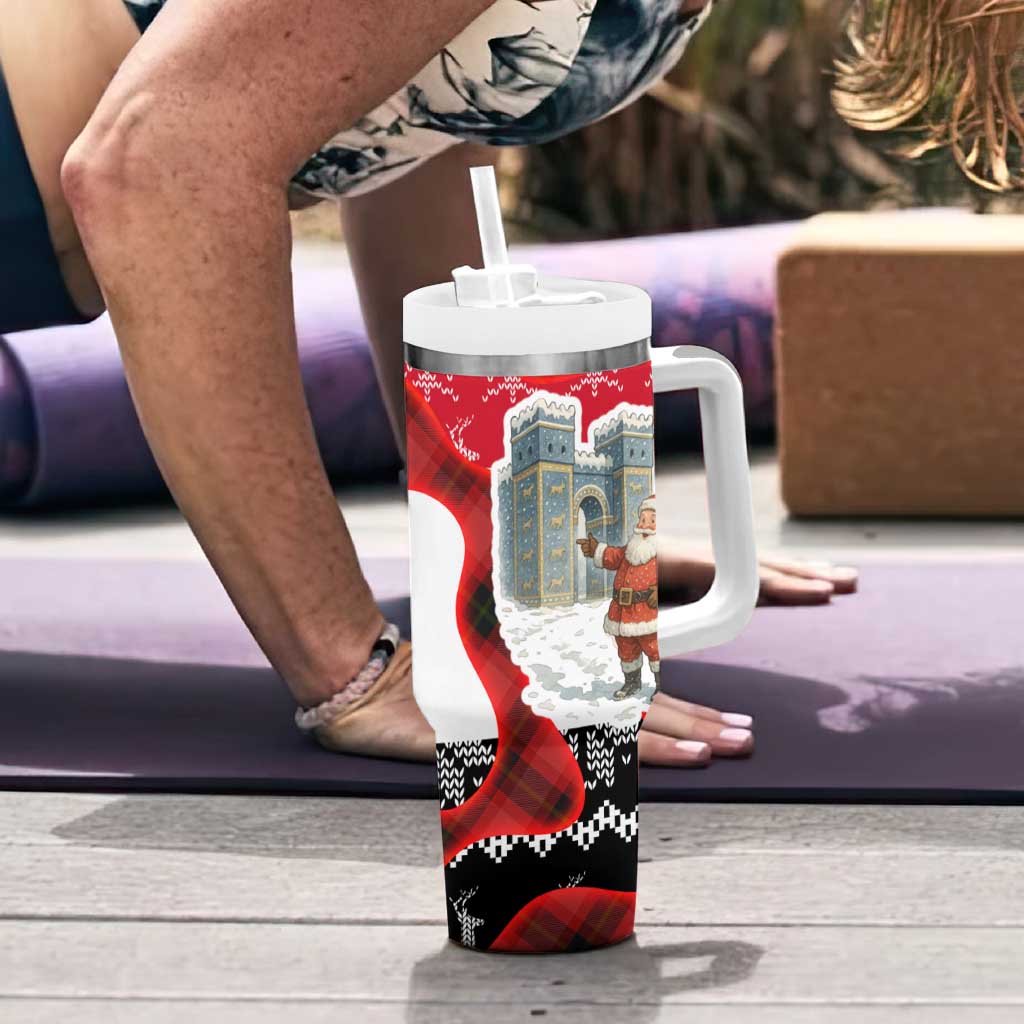 Iraq Christmas Tumbler With Handle with Santa Ishtar Gate Red Plaid and Snowflake Reindeer Pattern - Wonder Print Shop