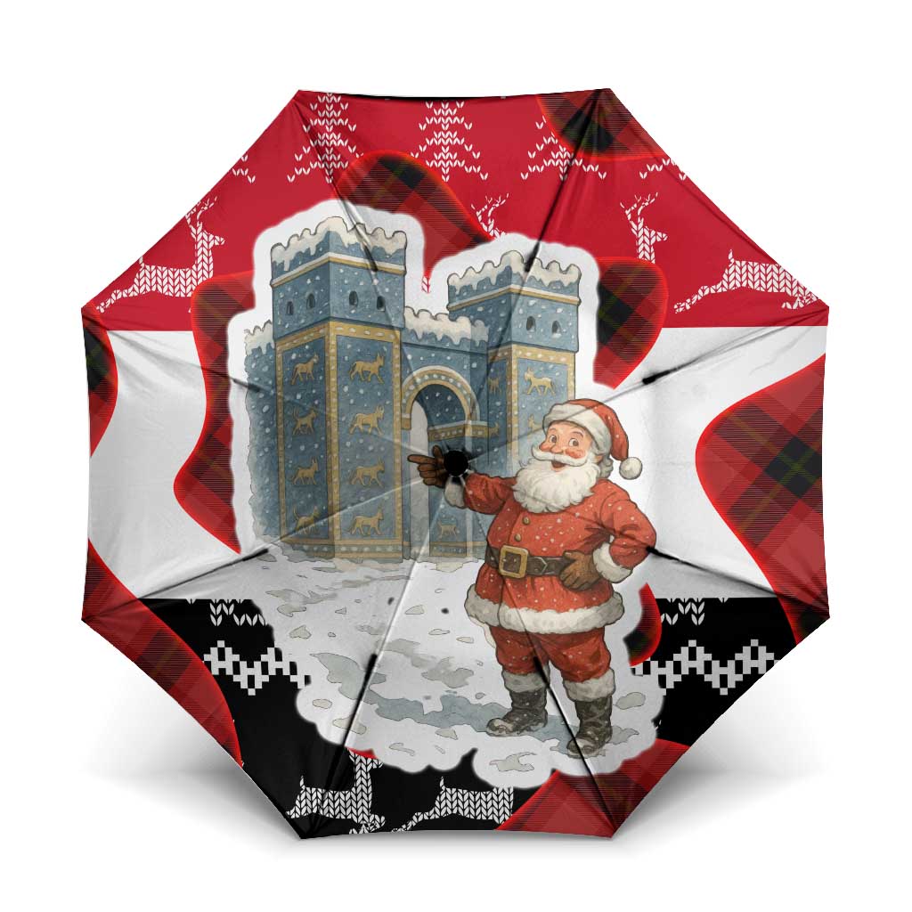 Iraq Christmas Umbrella with Santa Ishtar Gate Red Plaid and Snowflake Reindeer Pattern - Wonder Print Shop