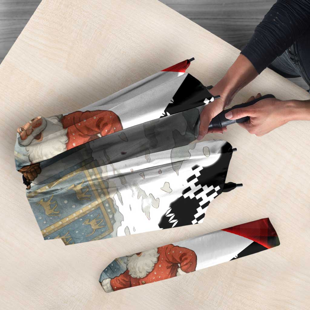 Iraq Christmas Umbrella with Santa Ishtar Gate Red Plaid and Snowflake Reindeer Pattern - Wonder Print Shop