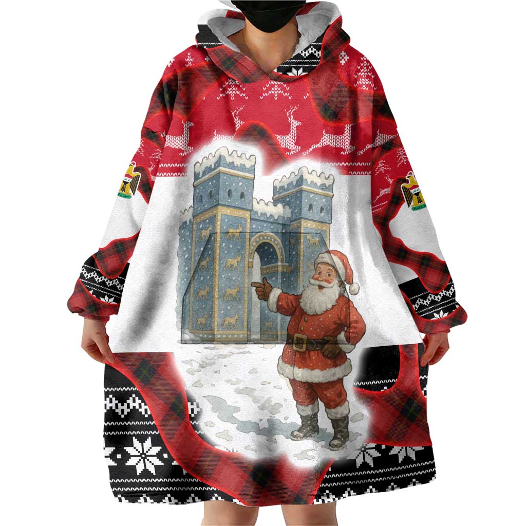 Iraq Christmas Wearable Blanket Hoodie with Santa Ishtar Gate Red Plaid and Snowflake Reindeer Pattern - Wonder Print Shop
