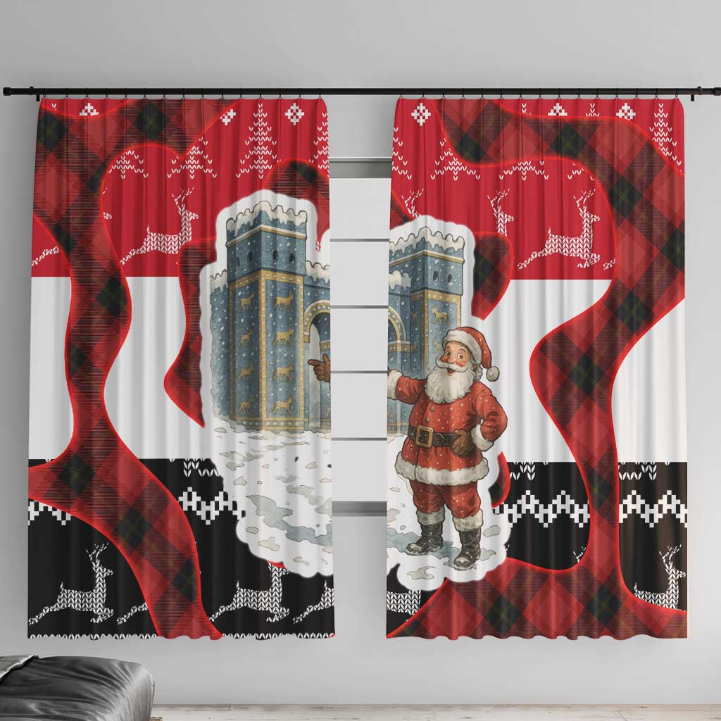 Iraq Christmas Window Curtain with Santa Ishtar Gate Red Plaid and Snowflake Reindeer Pattern - Wonder Print Shop