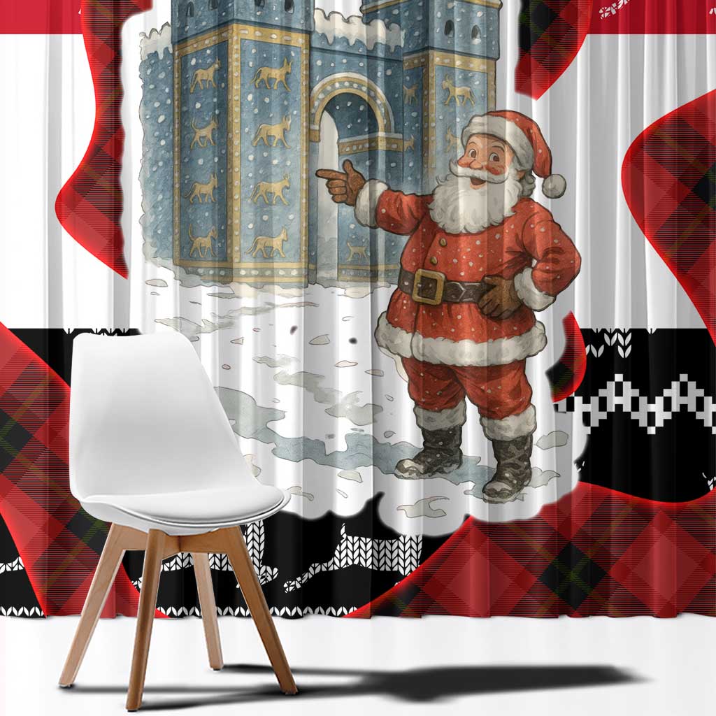 Iraq Christmas Window Curtain with Santa Ishtar Gate Red Plaid and Snowflake Reindeer Pattern - Wonder Print Shop