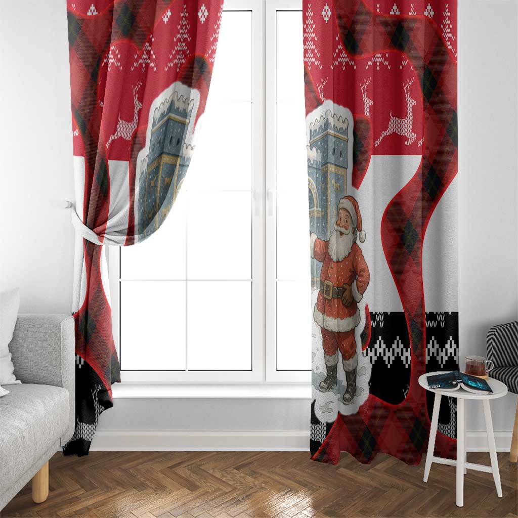 Iraq Christmas Window Curtain with Santa Ishtar Gate Red Plaid and Snowflake Reindeer Pattern - Wonder Print Shop