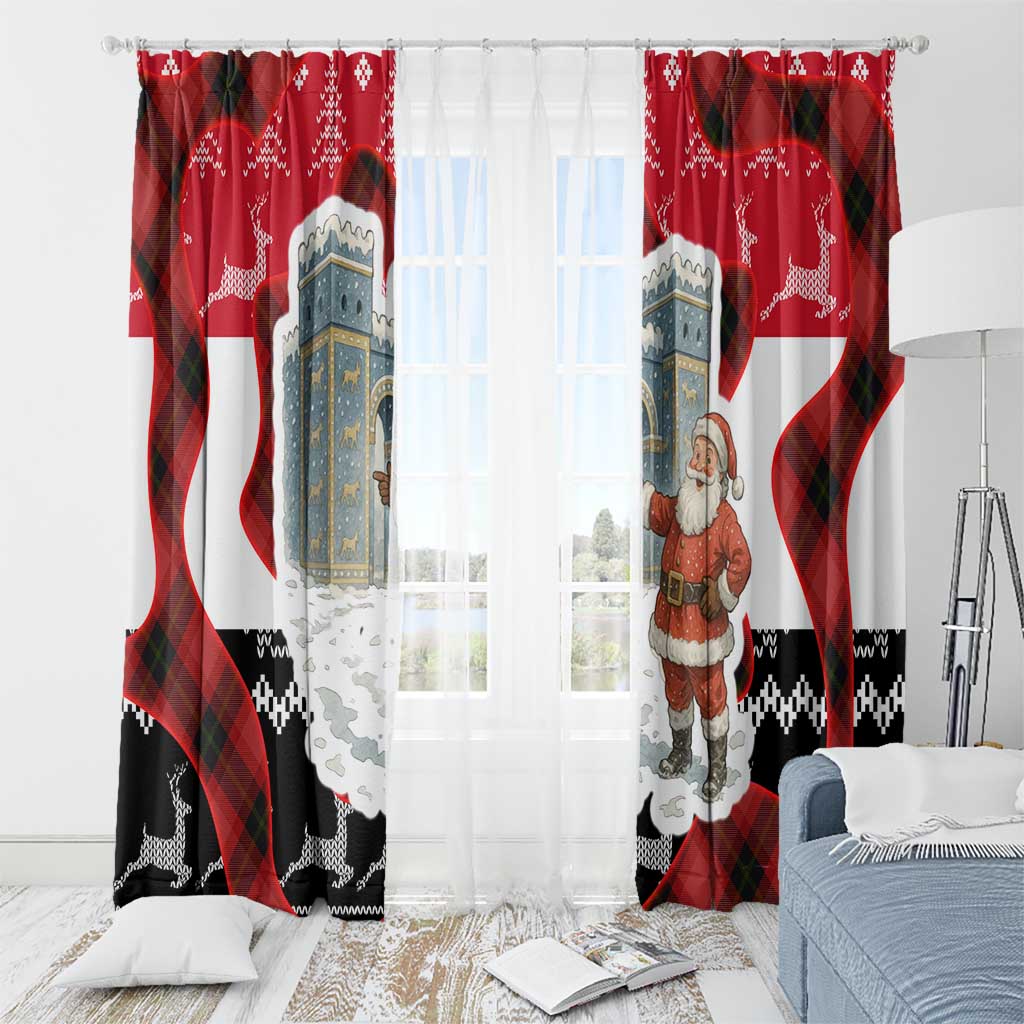 Iraq Christmas Window Curtain with Santa Ishtar Gate Red Plaid and Snowflake Reindeer Pattern - Wonder Print Shop