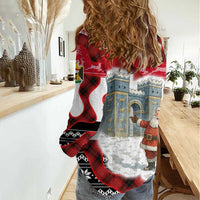 Iraq Christmas Women Casual Shirt with Santa Ishtar Gate Red Plaid and Snowflake Reindeer Pattern - Wonder Print Shop