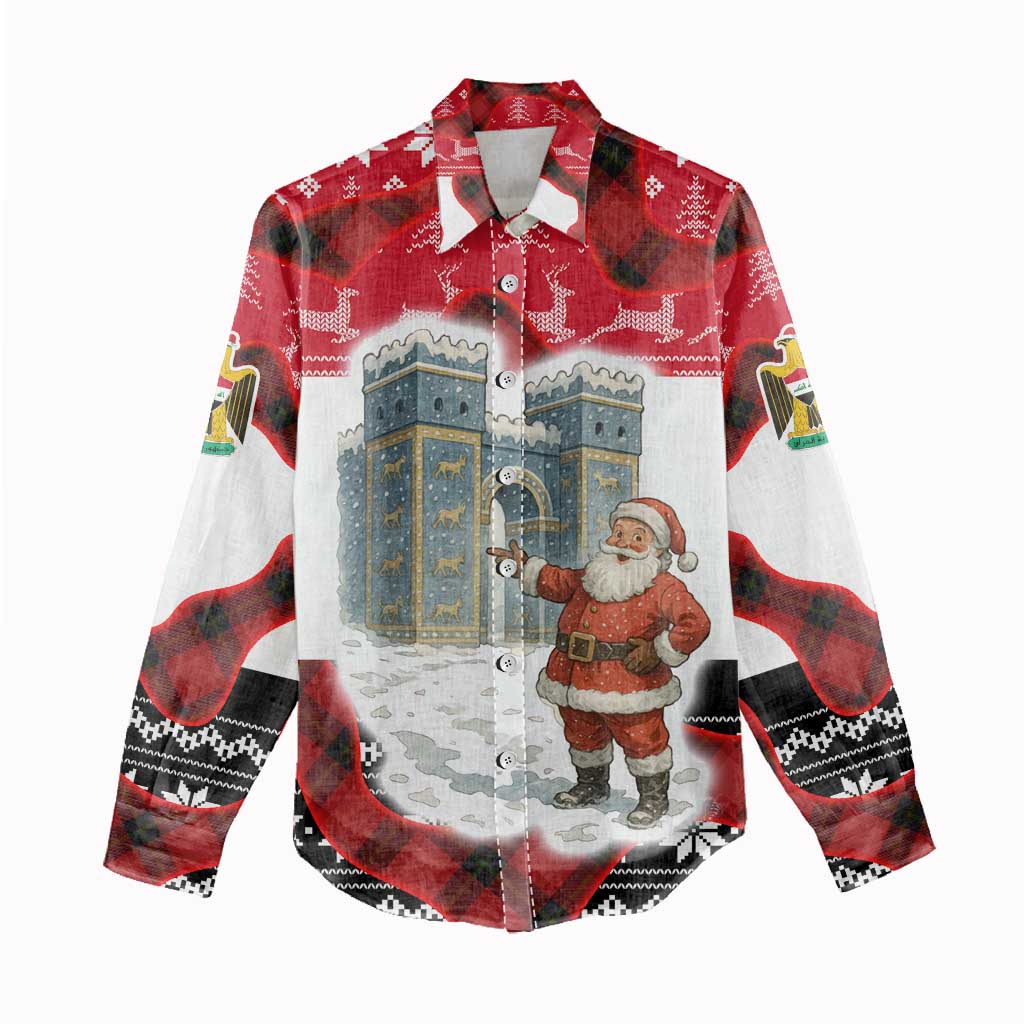 Iraq Christmas Women Casual Shirt with Santa Ishtar Gate Red Plaid and Snowflake Reindeer Pattern - Wonder Print Shop