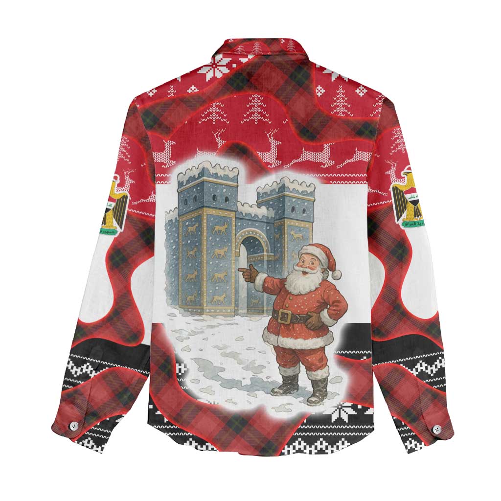 Iraq Christmas Women Casual Shirt with Santa Ishtar Gate Red Plaid and Snowflake Reindeer Pattern - Wonder Print Shop