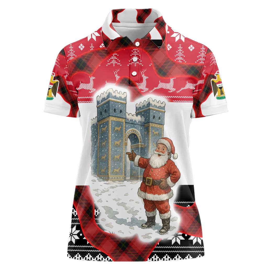 Iraq Christmas Women Polo Shirt with Santa Ishtar Gate Red Plaid and Snowflake Reindeer Pattern - Wonder Print Shop
