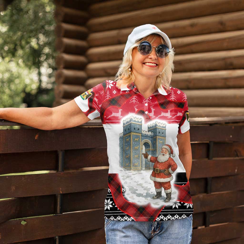 Iraq Christmas Women Polo Shirt with Santa Ishtar Gate Red Plaid and Snowflake Reindeer Pattern - Wonder Print Shop
