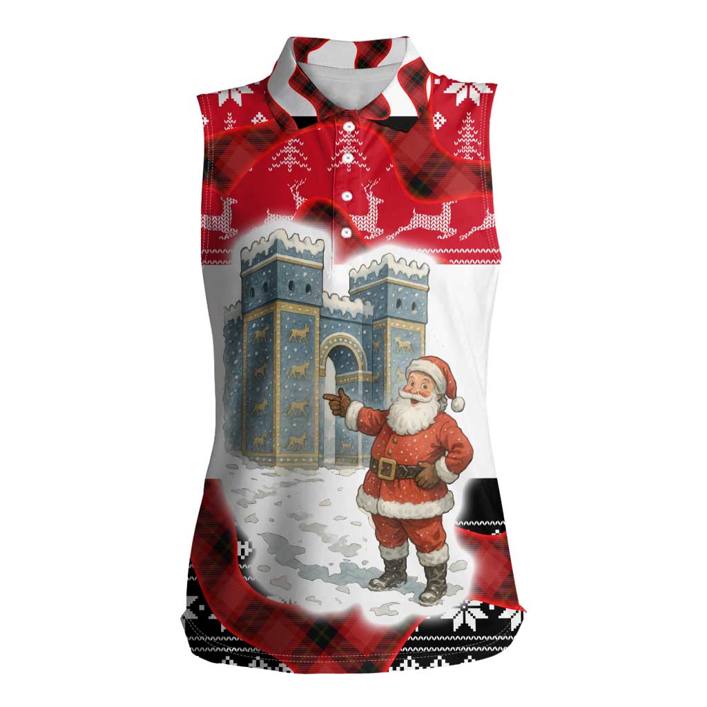 Iraq Christmas Women Sleeveless Polo Shirt with Santa Ishtar Gate Red Plaid and Snowflake Reindeer Pattern - Wonder Print Shop