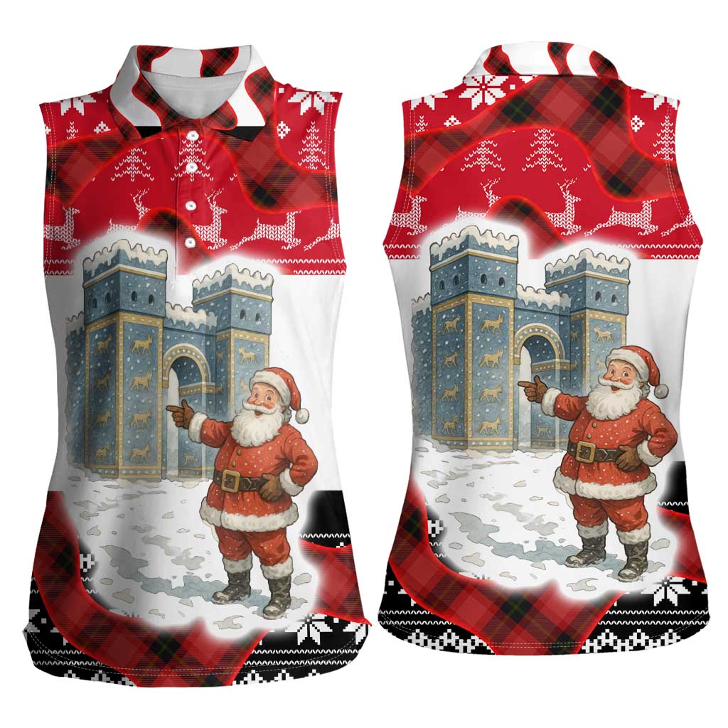 Iraq Christmas Women Sleeveless Polo Shirt with Santa Ishtar Gate Red Plaid and Snowflake Reindeer Pattern - Wonder Print Shop