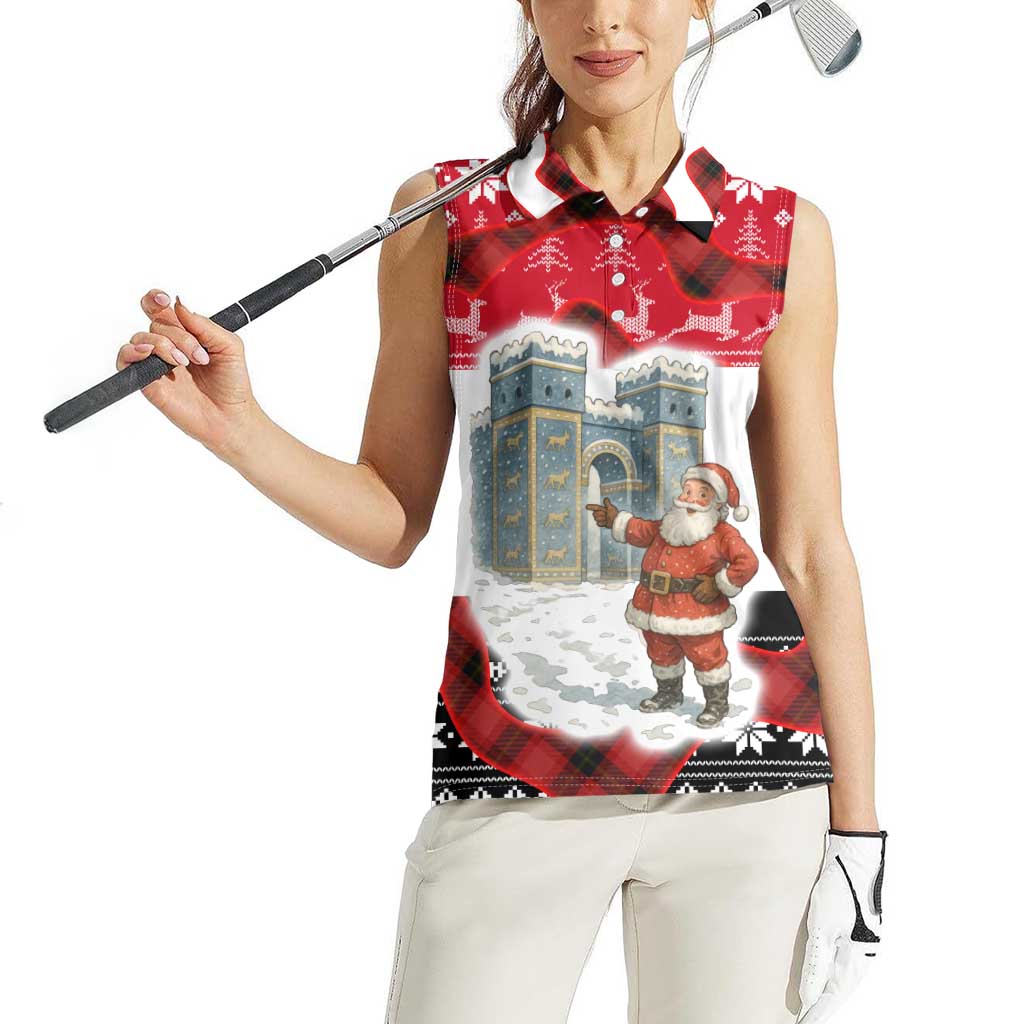 Iraq Christmas Women Sleeveless Polo Shirt with Santa Ishtar Gate Red Plaid and Snowflake Reindeer Pattern - Wonder Print Shop