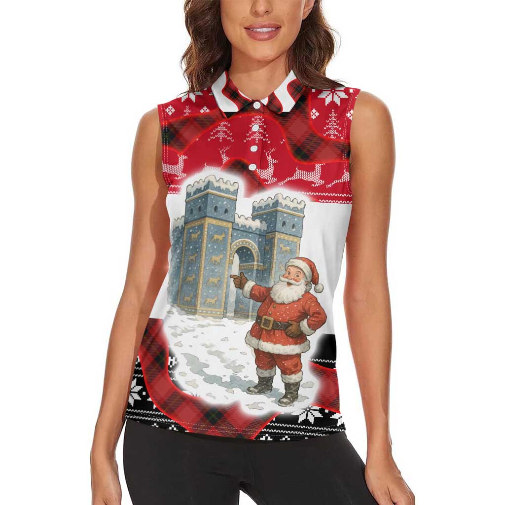 Iraq Christmas Women Sleeveless Polo Shirt with Santa Ishtar Gate Red Plaid and Snowflake Reindeer Pattern - Wonder Print Shop