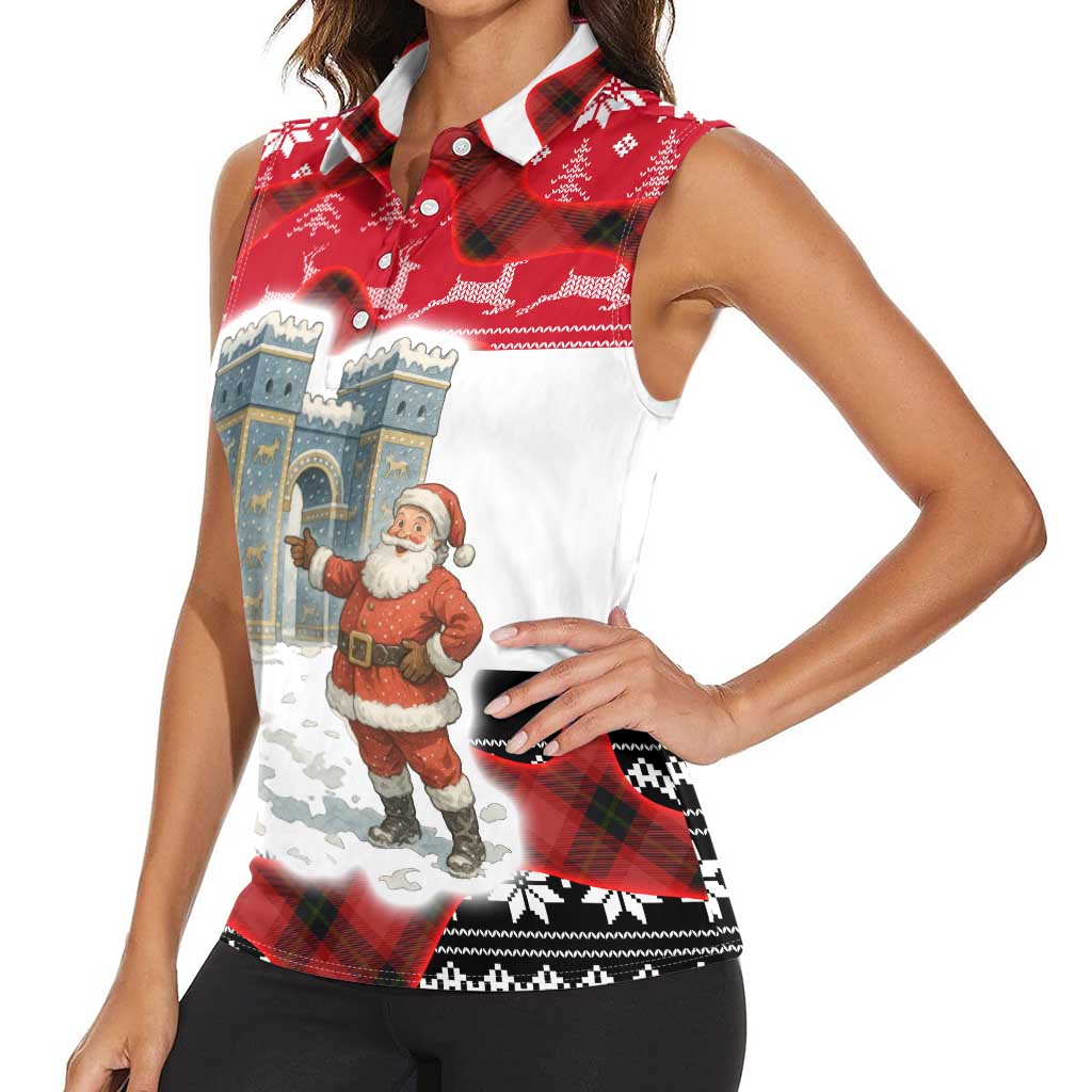 Iraq Christmas Women Sleeveless Polo Shirt with Santa Ishtar Gate Red Plaid and Snowflake Reindeer Pattern - Wonder Print Shop