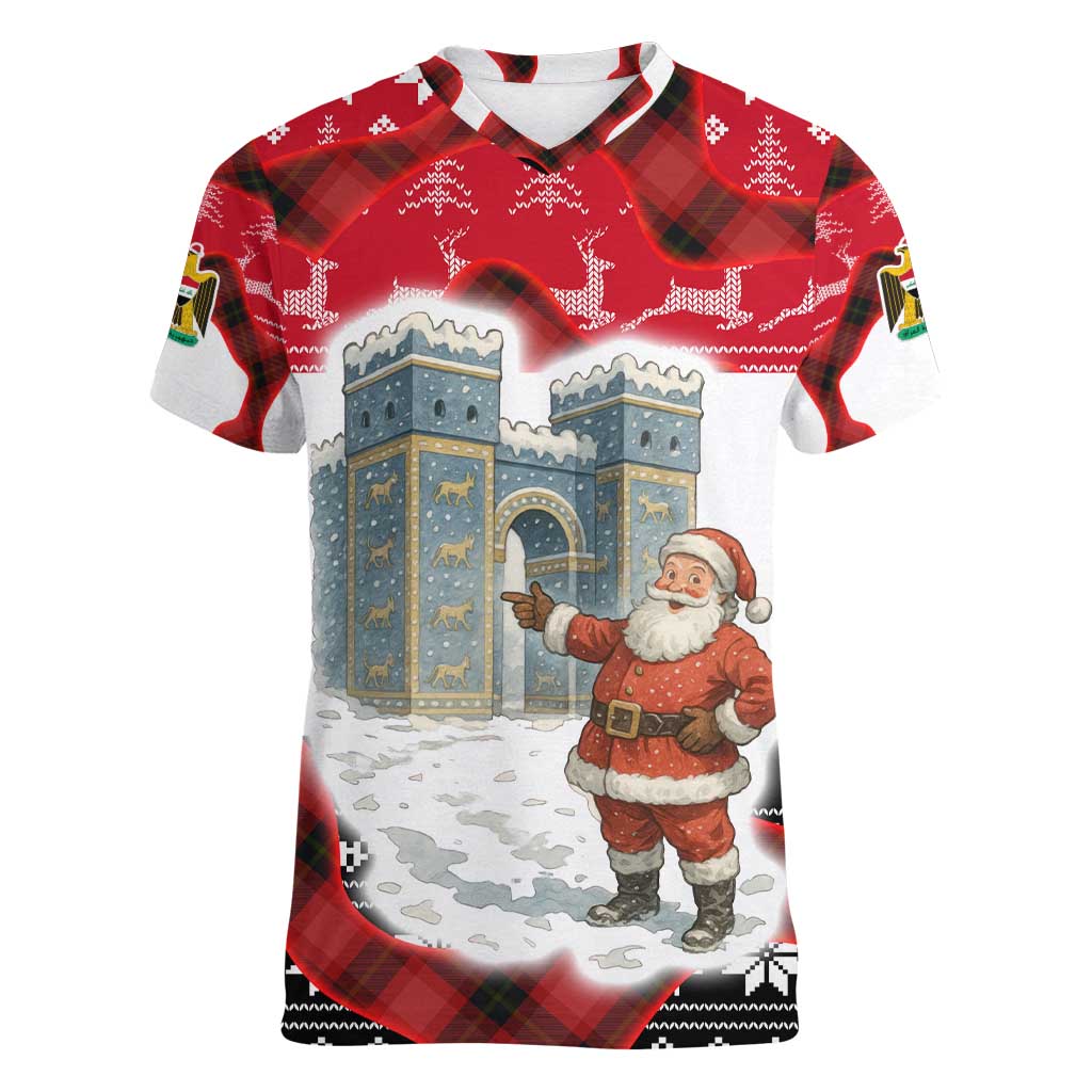Iraq Christmas Women V-Neck T-Shirt with Santa Ishtar Gate Red Plaid and Snowflake Reindeer Pattern - Wonder Print Shop
