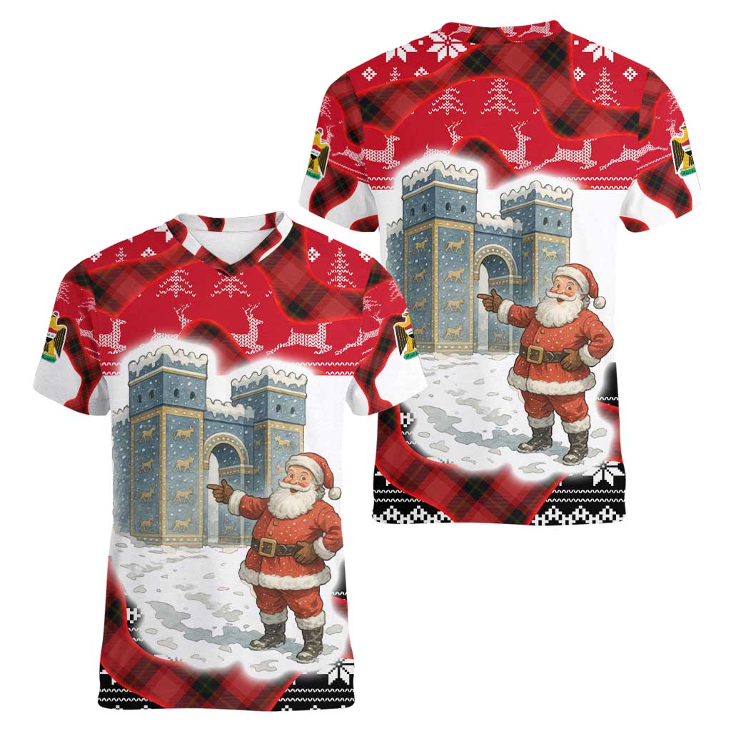 Iraq Christmas Women V-Neck T-Shirt with Santa Ishtar Gate Red Plaid and Snowflake Reindeer Pattern - Wonder Print Shop