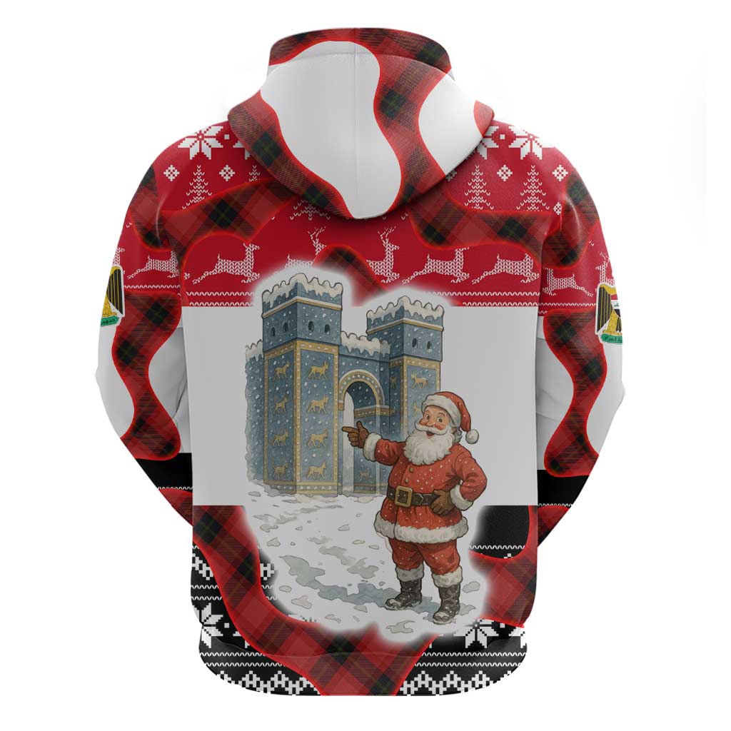 Iraq Christmas Zip Hoodie with Santa Ishtar Gate Red Plaid and Snowflake Reindeer Pattern - Wonder Print Shop