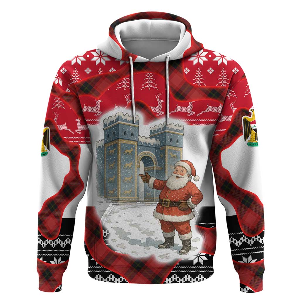 Iraq Christmas Zip Hoodie with Santa Ishtar Gate Red Plaid and Snowflake Reindeer Pattern - Wonder Print Shop