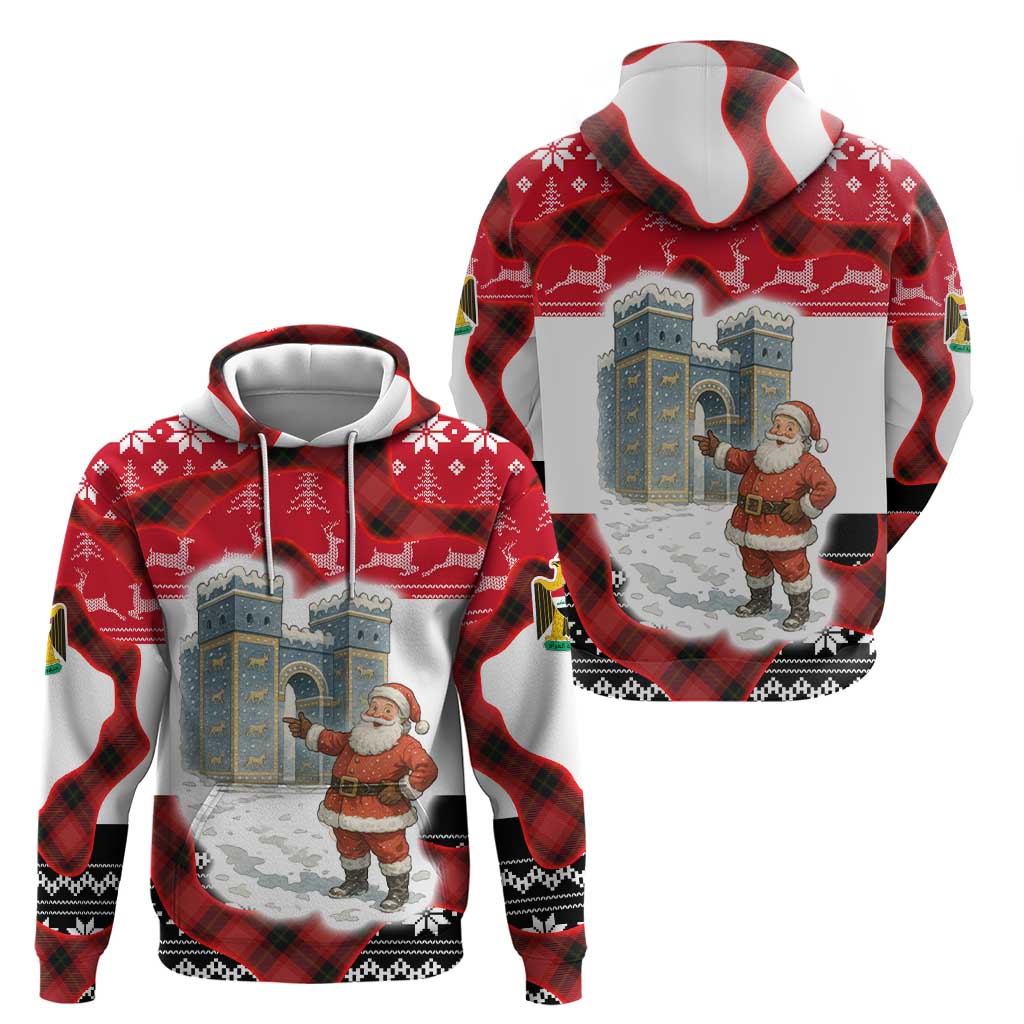 Iraq Christmas Zip Hoodie with Santa Ishtar Gate Red Plaid and Snowflake Reindeer Pattern - Wonder Print Shop