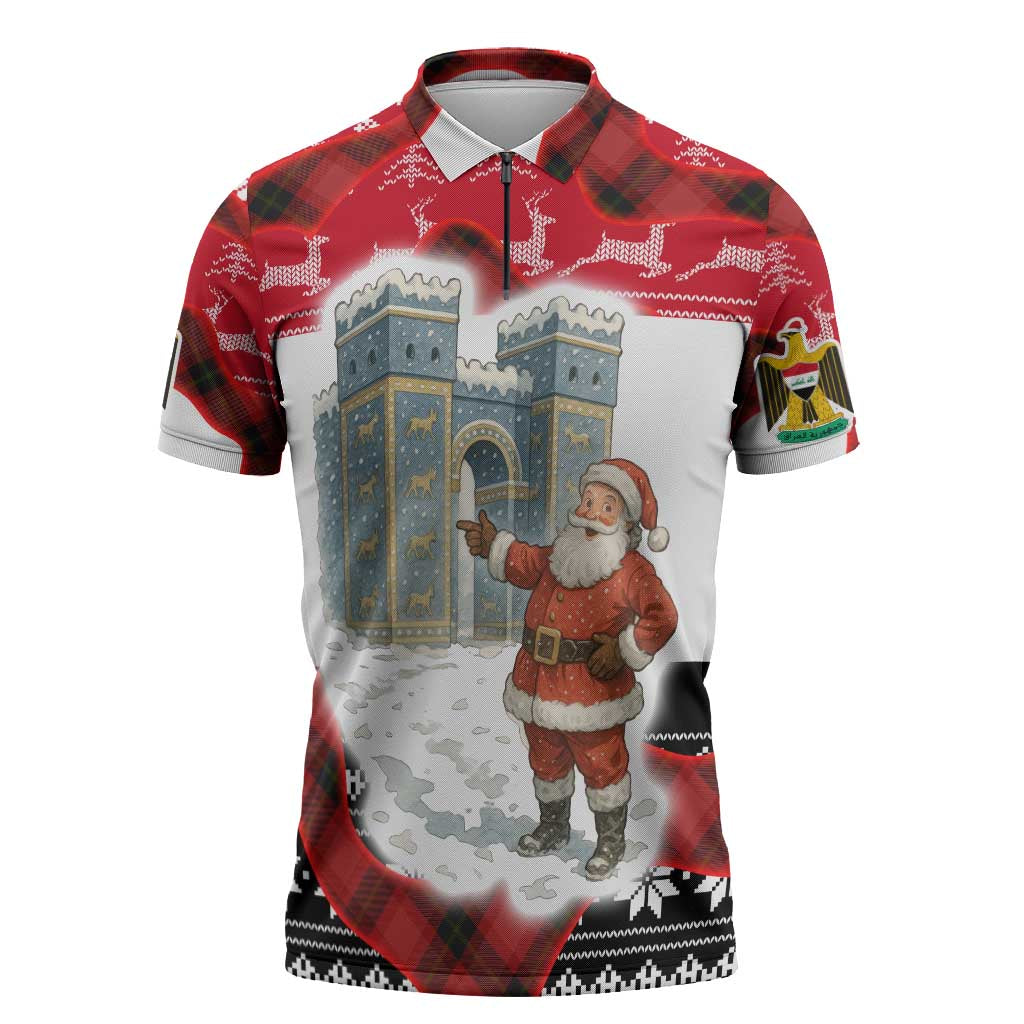 Iraq Christmas Zipper Polo Shirt with Santa Ishtar Gate Red Plaid and Snowflake Reindeer Pattern - Wonder Print Shop