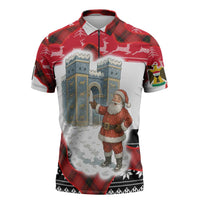 Iraq Christmas Zipper Polo Shirt with Santa Ishtar Gate Red Plaid and Snowflake Reindeer Pattern - Wonder Print Shop