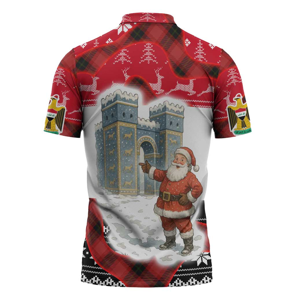 Iraq Christmas Zipper Polo Shirt with Santa Ishtar Gate Red Plaid and Snowflake Reindeer Pattern - Wonder Print Shop