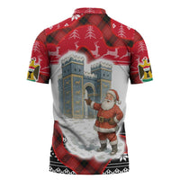 Iraq Christmas Zipper Polo Shirt with Santa Ishtar Gate Red Plaid and Snowflake Reindeer Pattern - Wonder Print Shop