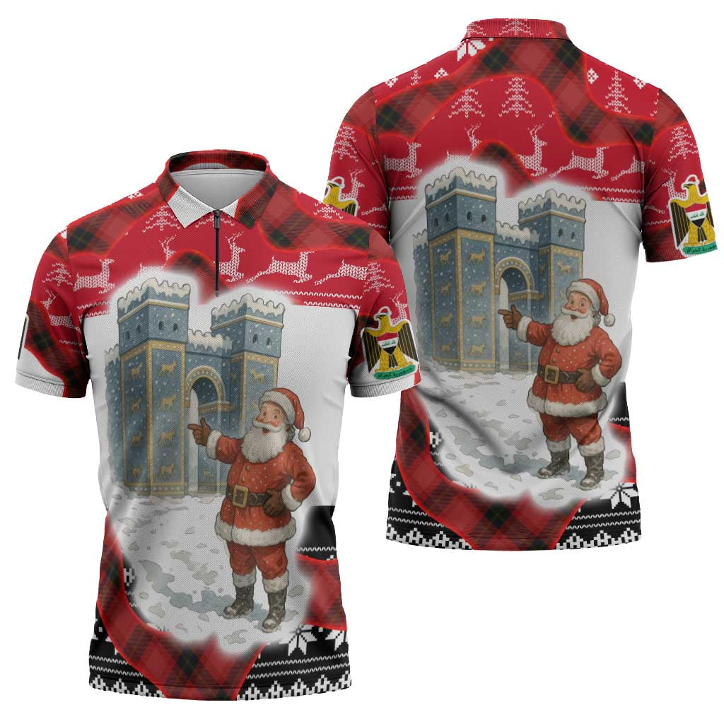 Iraq Christmas Zipper Polo Shirt with Santa Ishtar Gate Red Plaid and Snowflake Reindeer Pattern - Wonder Print Shop