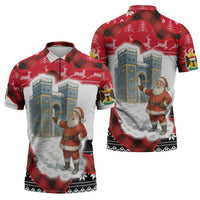 Iraq Christmas Zipper Polo Shirt with Santa Ishtar Gate Red Plaid and Snowflake Reindeer Pattern - Wonder Print Shop