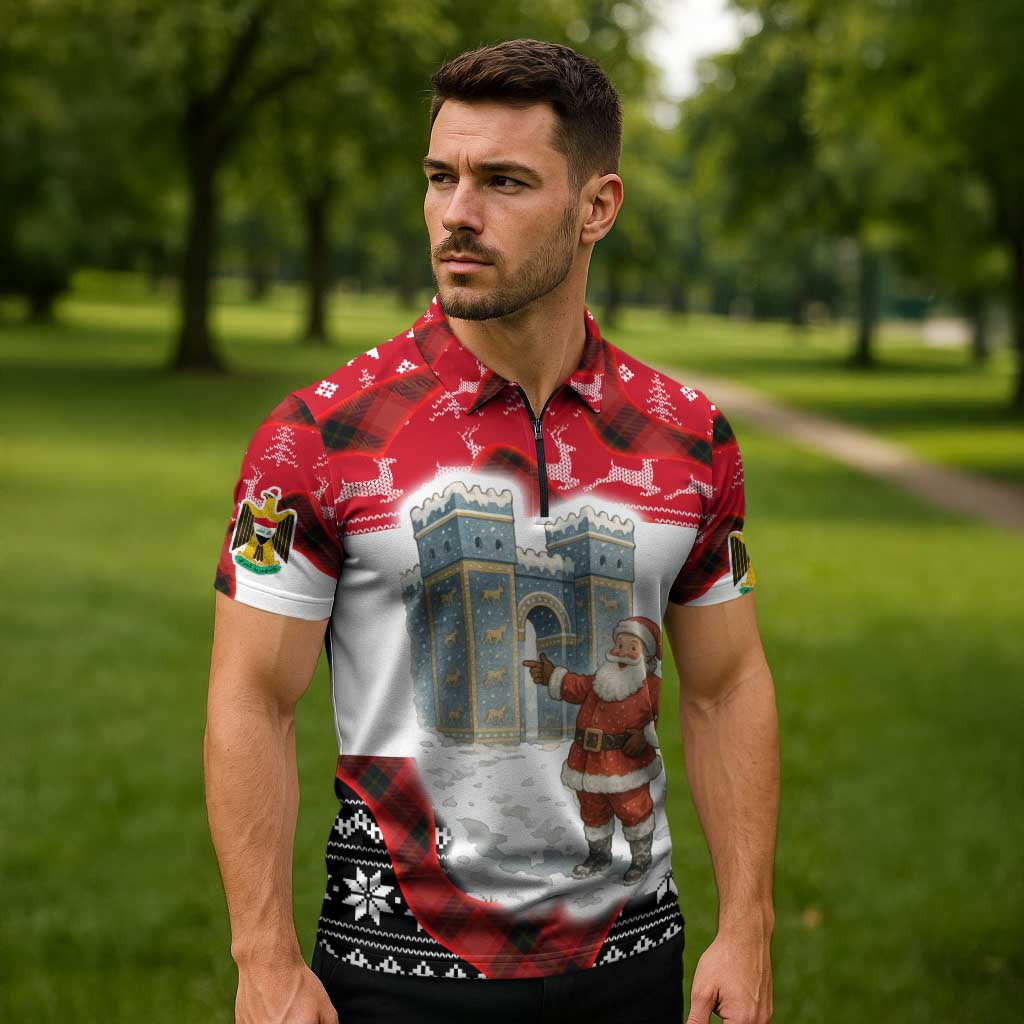 Iraq Christmas Zipper Polo Shirt with Santa Ishtar Gate Red Plaid and Snowflake Reindeer Pattern - Wonder Print Shop