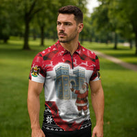 Iraq Christmas Zipper Polo Shirt with Santa Ishtar Gate Red Plaid and Snowflake Reindeer Pattern - Wonder Print Shop