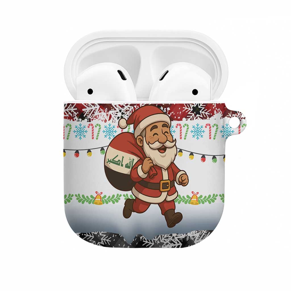 Iraq Christmas AirPods Case with Santa Carrying Gift Bag Flag Garland and Snowflake Plaid Pattern - Wonder Print Shop