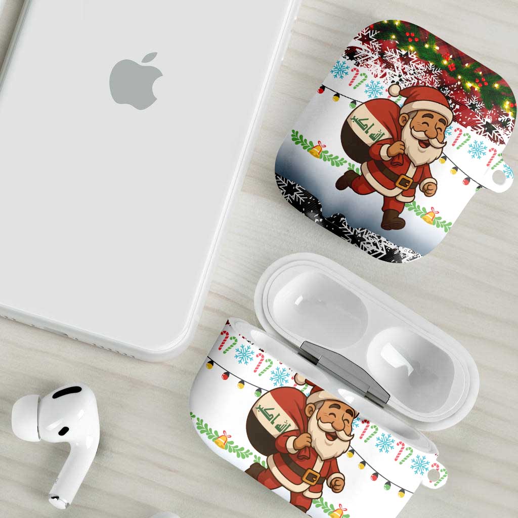 Iraq Christmas AirPods Case with Santa Carrying Gift Bag Flag Garland and Snowflake Plaid Pattern - Wonder Print Shop