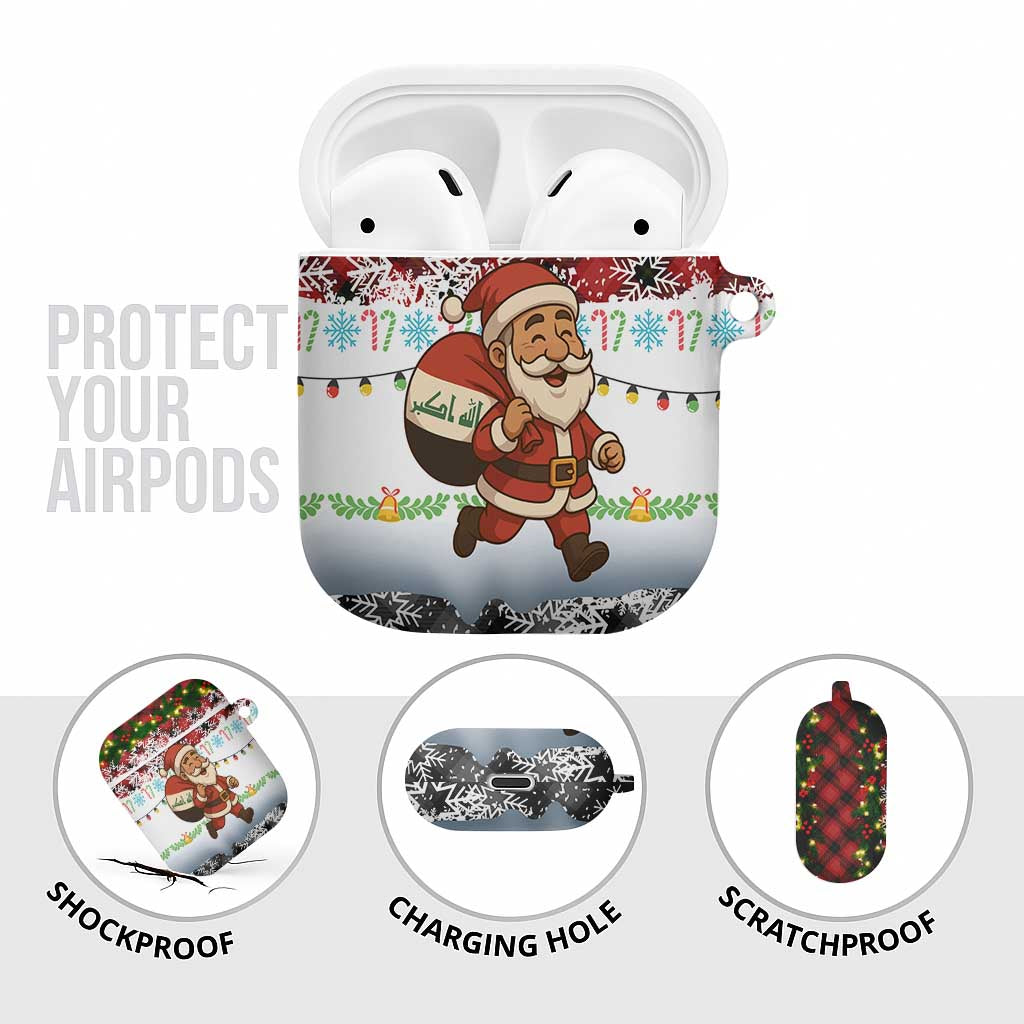 Iraq Christmas AirPods Case with Santa Carrying Gift Bag Flag Garland and Snowflake Plaid Pattern - Wonder Print Shop