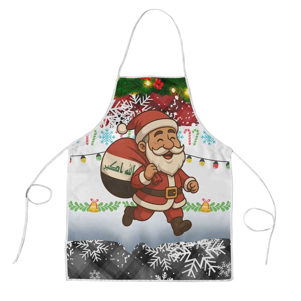 Iraq Christmas Apron with Santa Carrying Gift Bag Flag Garland and Snowflake Plaid Pattern - Wonder Print Shop