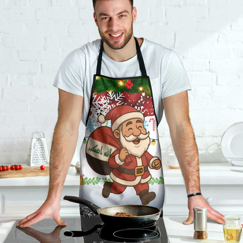 Iraq Christmas Apron with Santa Carrying Gift Bag Flag Garland and Snowflake Plaid Pattern - Wonder Print Shop