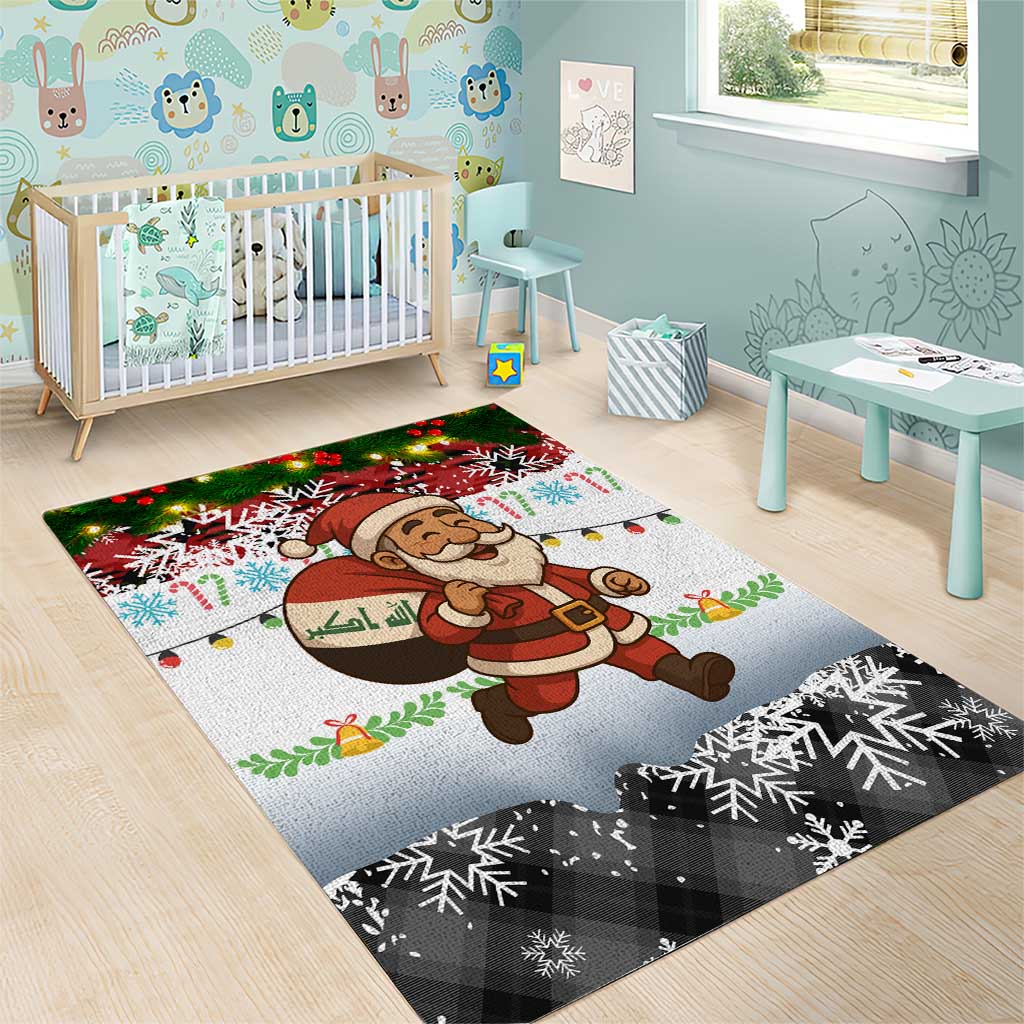 Iraq Christmas Area Rug with Santa Carrying Gift Bag Flag Garland and Snowflake Plaid Pattern - Wonder Print Shop